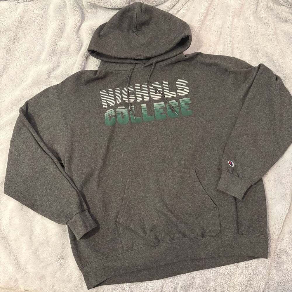 Champion Eco Future Friendly Fleece Nichols College Hooded Sweatshirt Gray XL